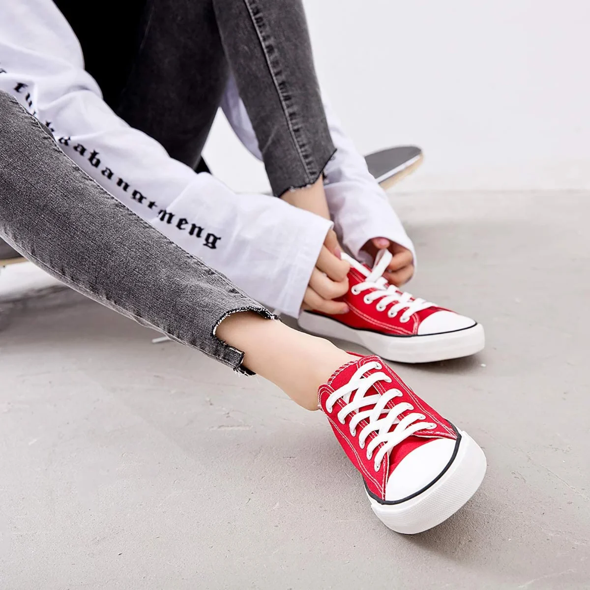ZGR Classic Low Top Canvas Sneaker in Red, worn