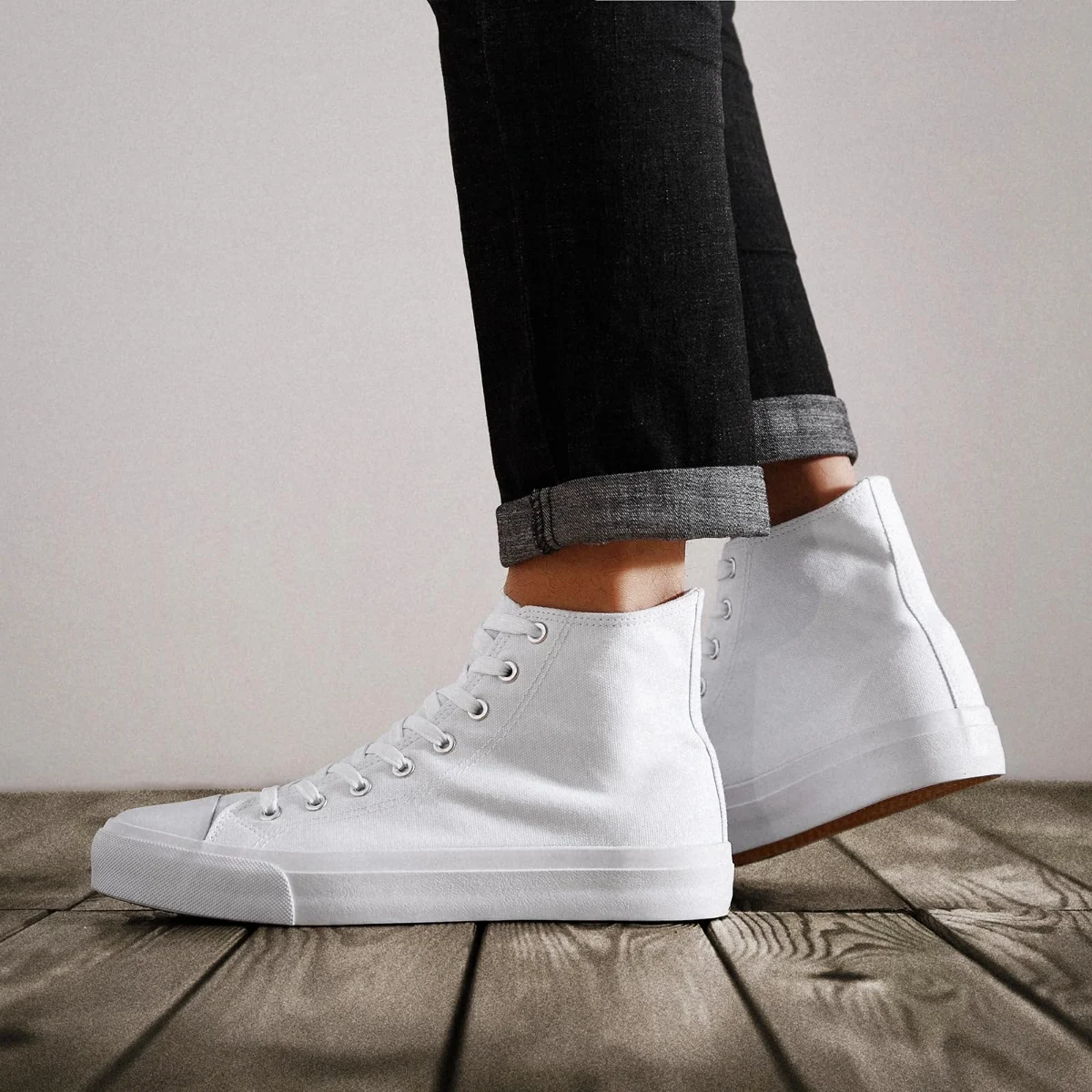 ZGR Men's High Top Canvas Sneaker in Full White, worn