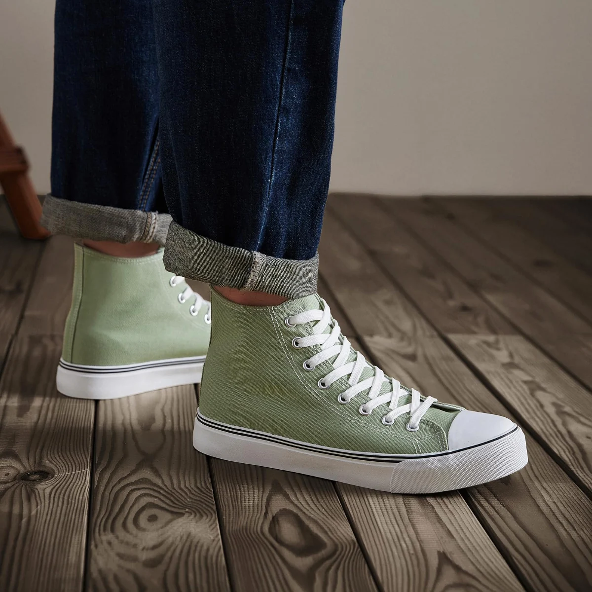 ZGR Men's High Top Canvas Sneaker in Mint Green, worn