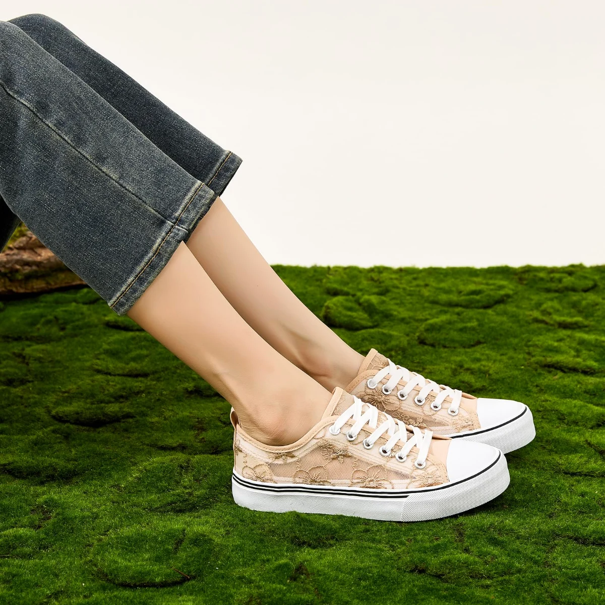 ZGR Mesh Lace Embroidered Low Top in Apricot, worn