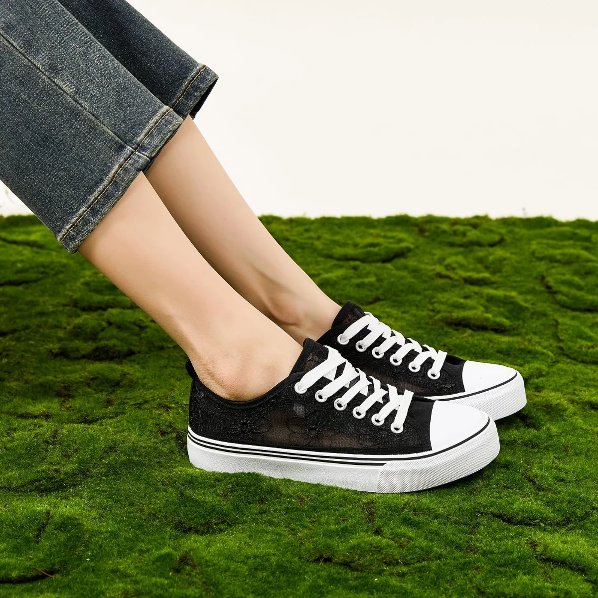 ZGR Mesh Lace Embroidered Low Top in Black, worn