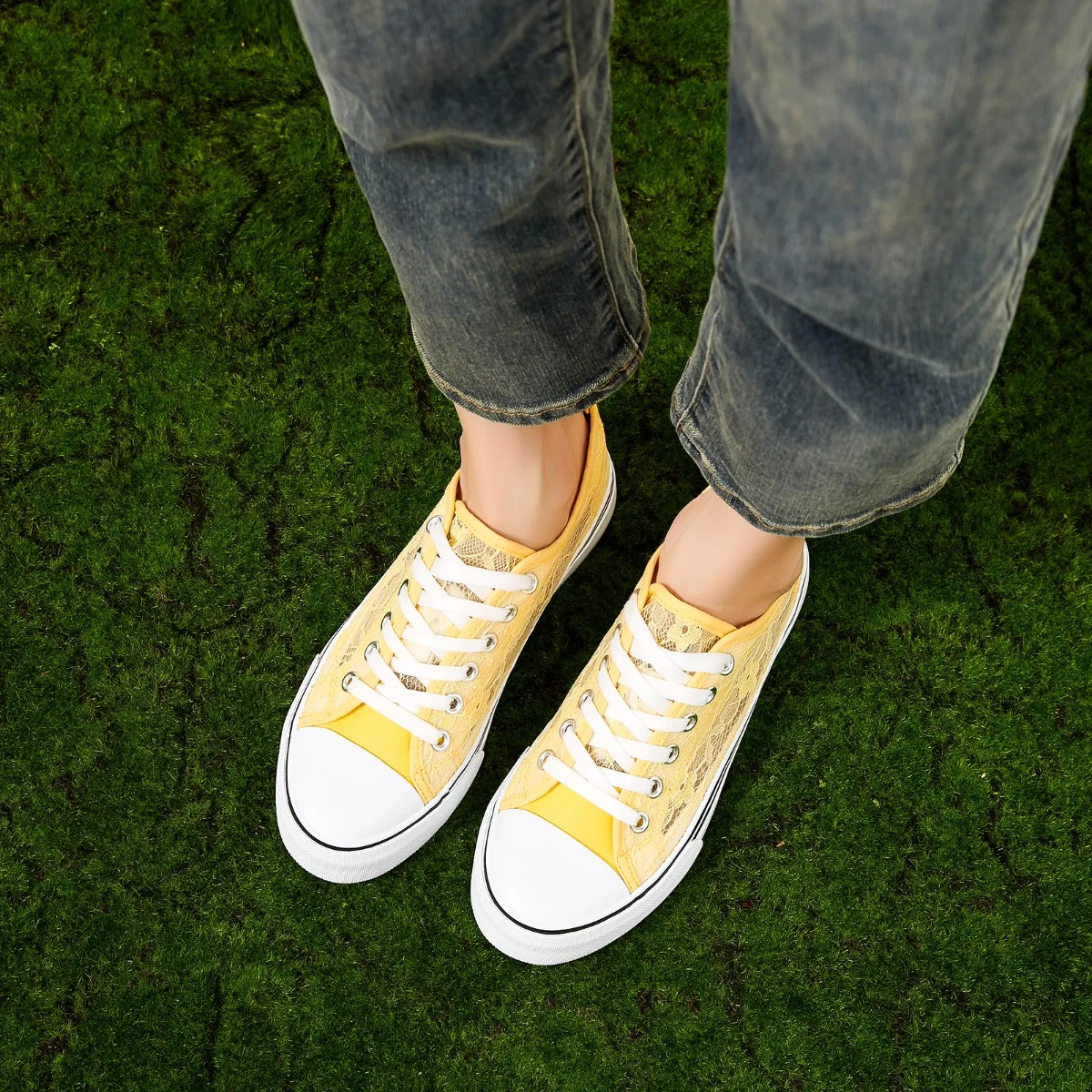 ZGR Mesh Lace Embroidered Low Top in Yellow, worn