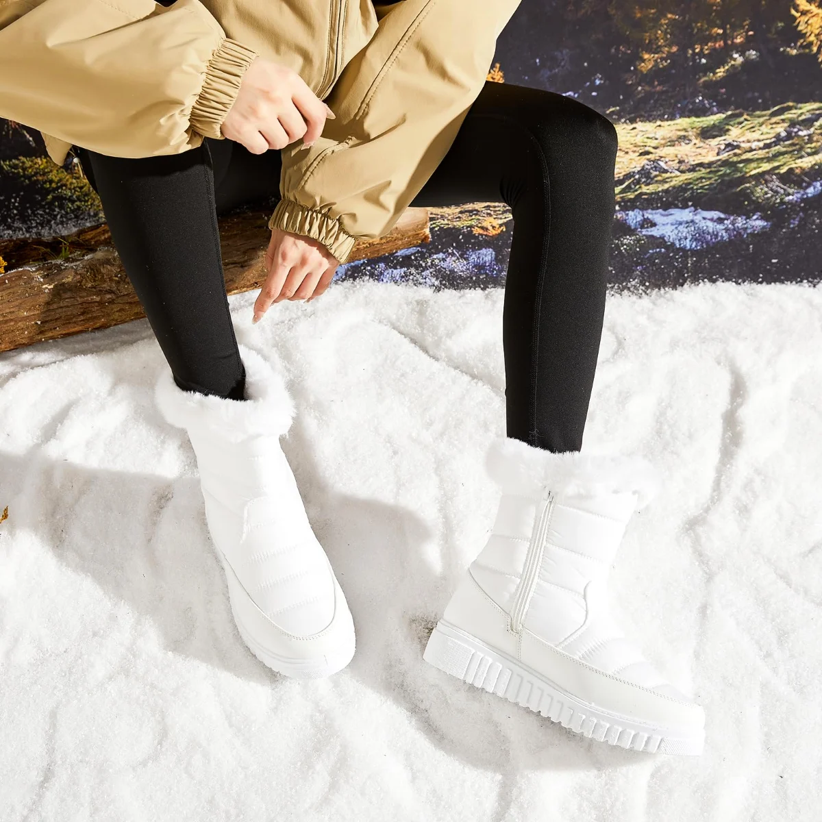 ZGR Mid Calf Winter Snow Boot in White, worn