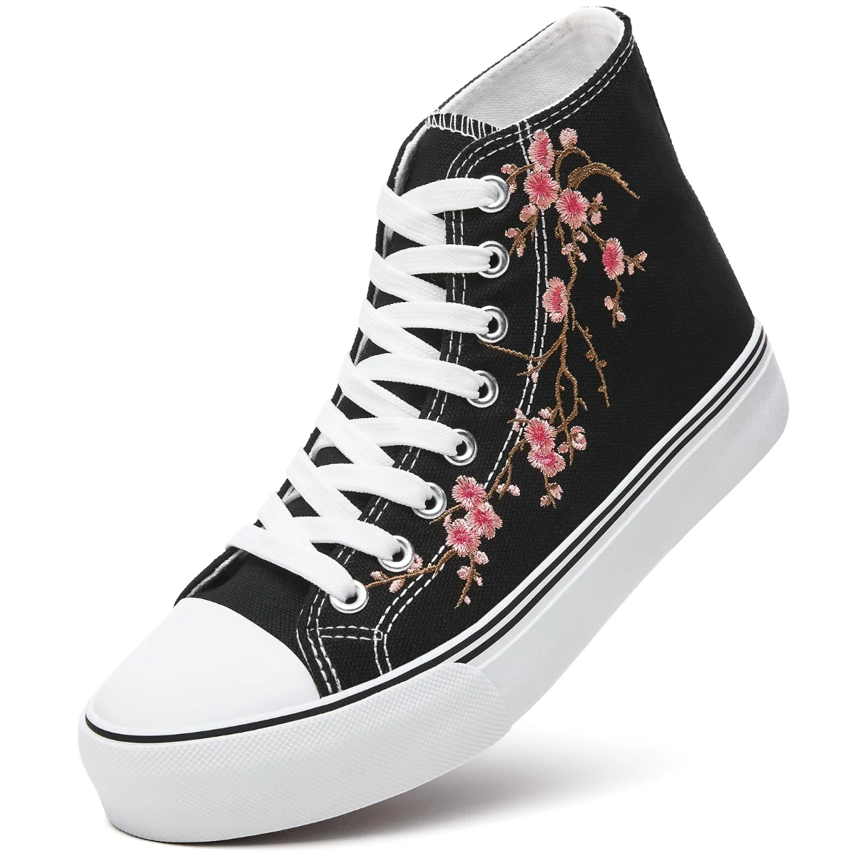 ZGR Padded Toe High Top Canvas Sneaker in Black and Red Embroidery