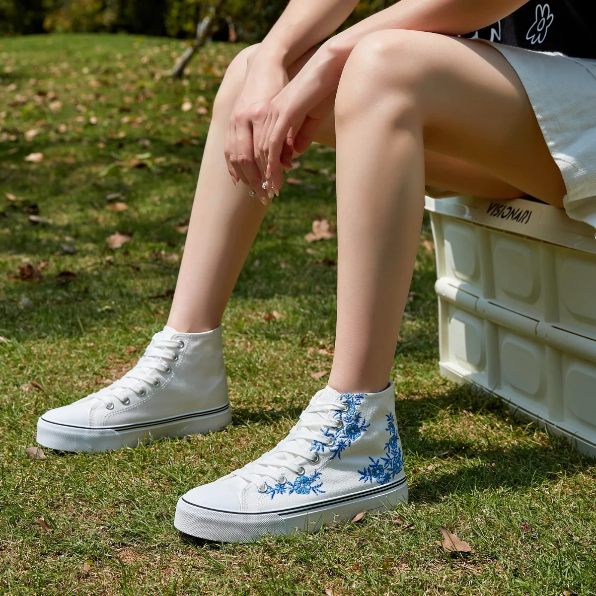ZGR Padded Toe High Top Canvas Sneaker in Blue and White Embroidery, worn