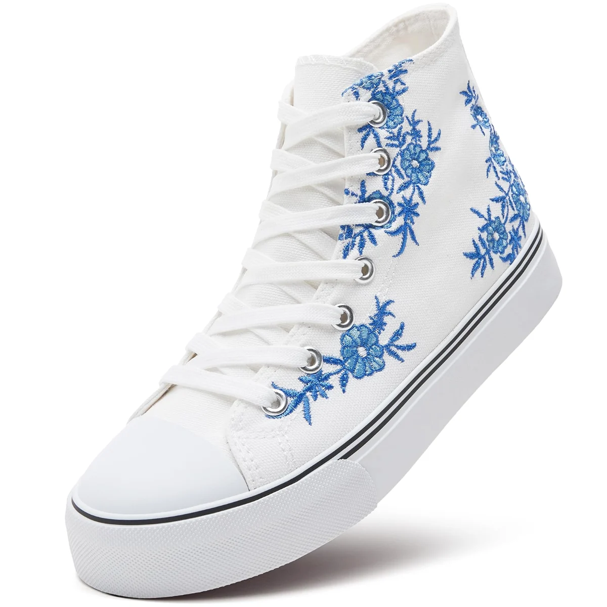 ZGR Padded Toe High Top Canvas Sneaker in Blue and White Embroidery