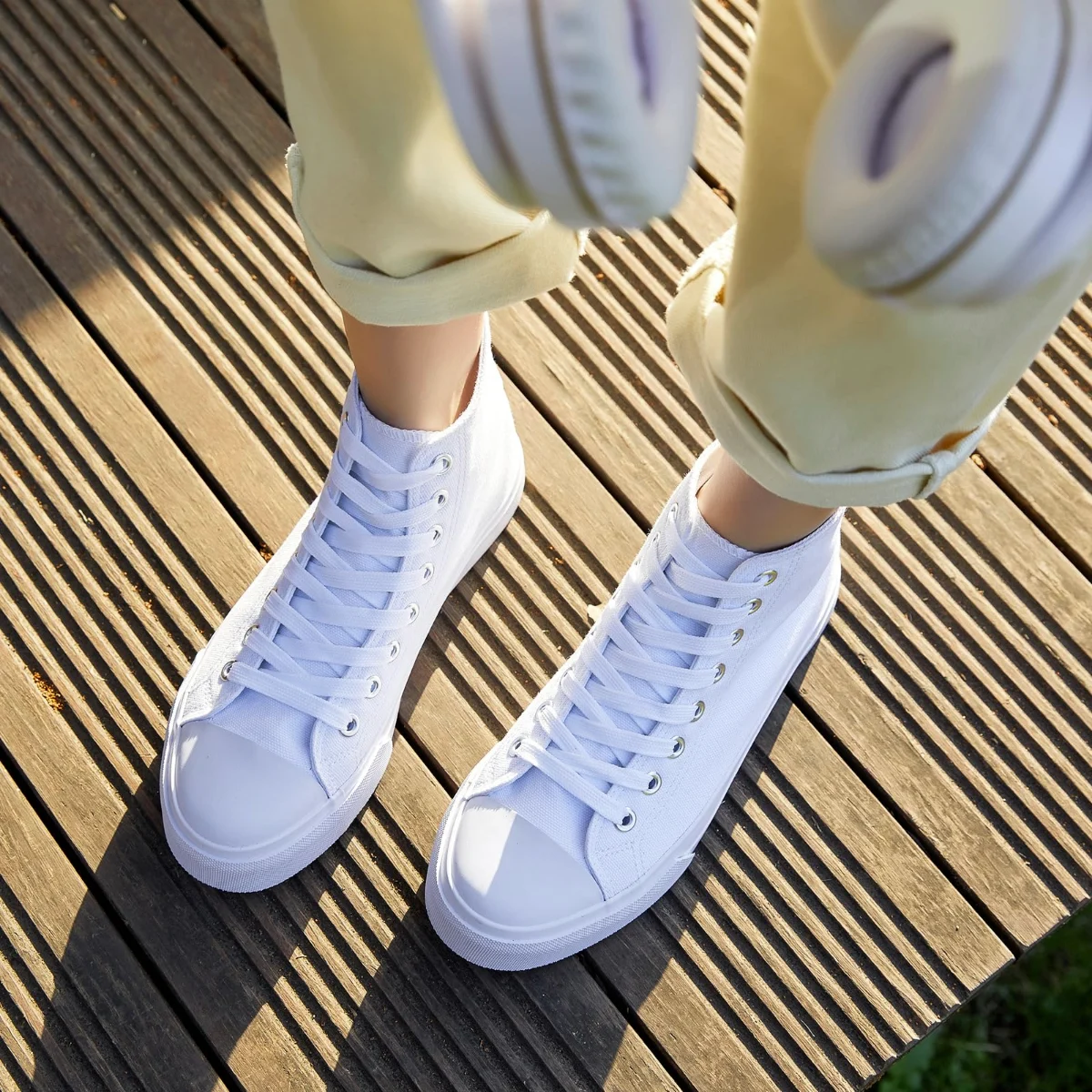 ZGR Padded Toe High Top Canvas Sneaker in Natural White, worn